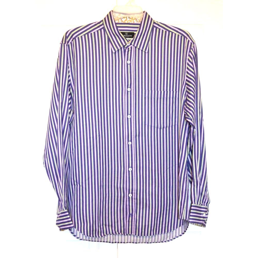 Bugatchi Purple Striped Shirt Mens‎ XL Contrast Cuff & Collar Long Sleeve